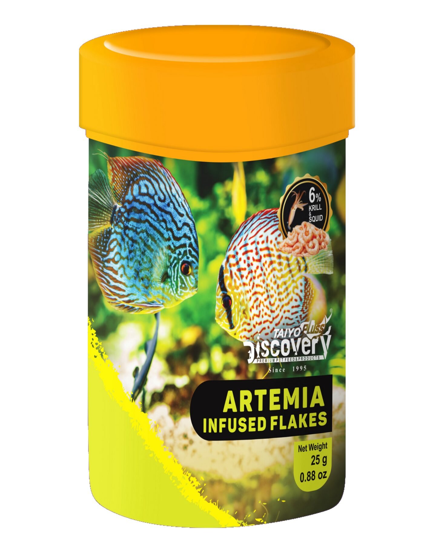 Taiyo Pluss Discovery Artemia Infused Flakes Fish Food – 25 g (Pack of 1) | Premium Slow Sinking Diet for Fishes with Krill & Squid for Active Growth & Colorat