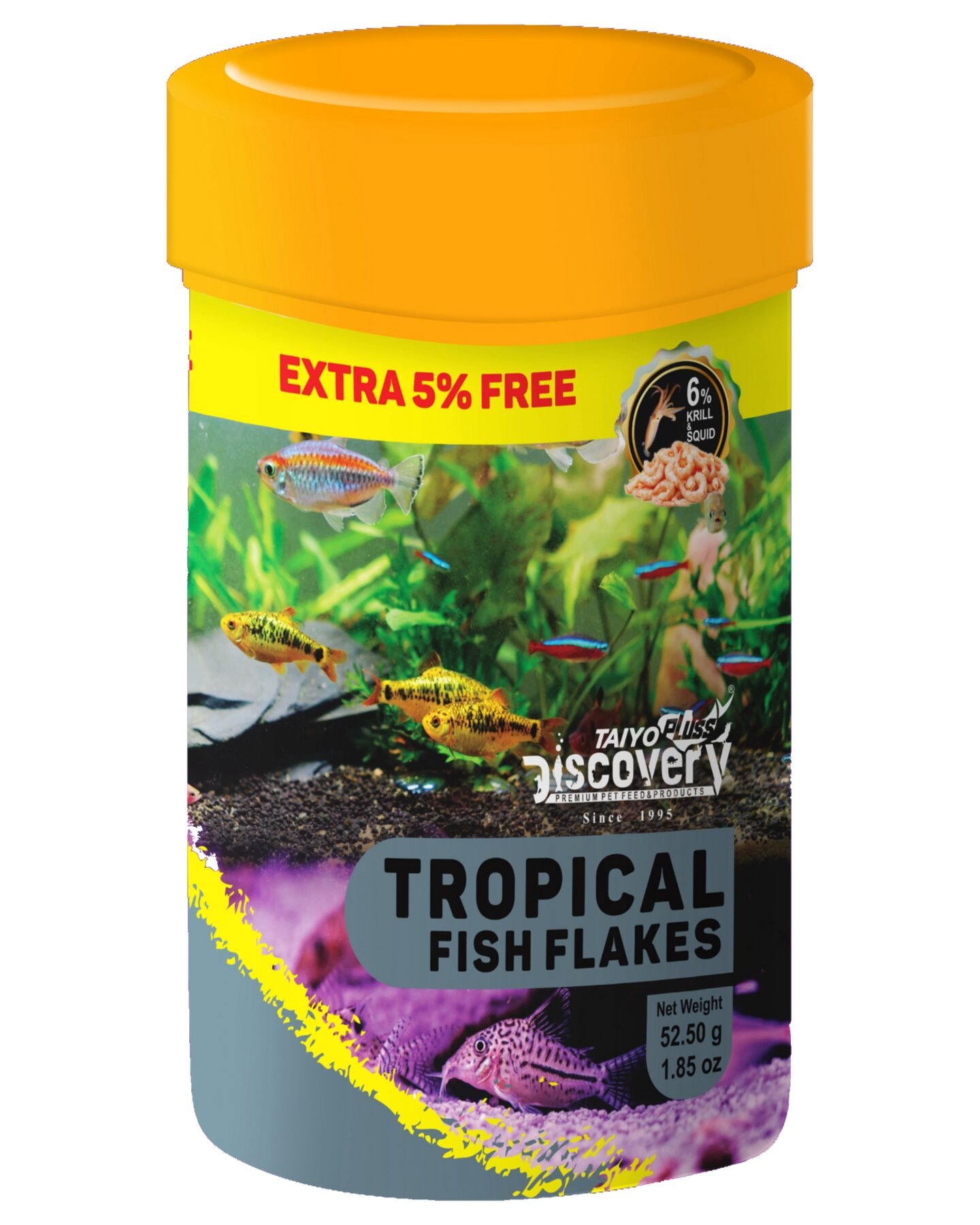 Taiyo Pluss Discovery Tropical Flakes Fish Food – 52.5 g (50 g + Extra 5% Free) (Pack of 1) | Premium Slow Sinking Diet for Fishes with Krill & Squid for Active Growth & Coloration